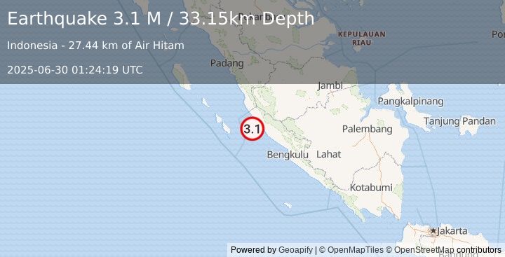 Earthquake Southern Sumatra, Indonesia (3.1 M) (2025-06-30 01:24:19 UTC)