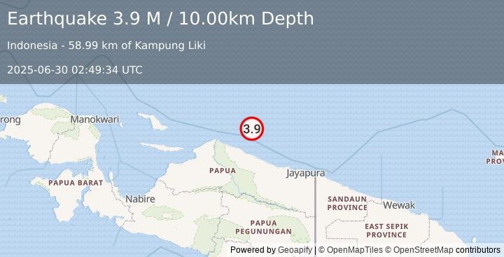 Earthquake Near North Coast of West Papua (3.9 M) (2025-06-30 02:49:34 UTC)