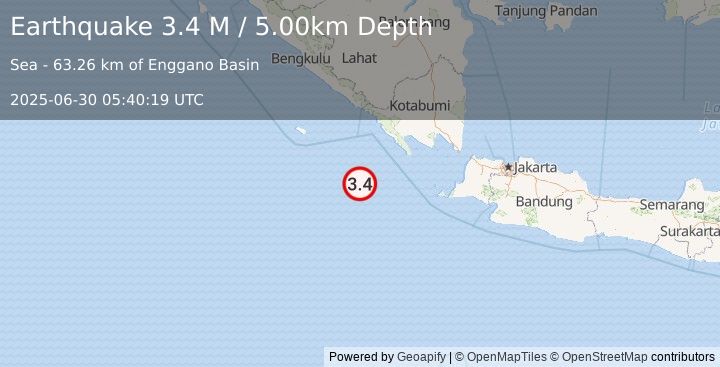 Earthquake Southwest of Sumatra, Indonesia (3.4 M) (2025-06-30 05:40:19 UTC)