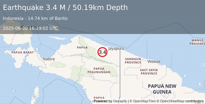 Earthquake Near North Coast of West Papua (3.4 M) (2025-06-30 16:29:02 UTC)