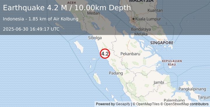 Earthquake Northern Sumatra, Indonesia (4.2 M) (2025-06-30 16:49:17 UTC)