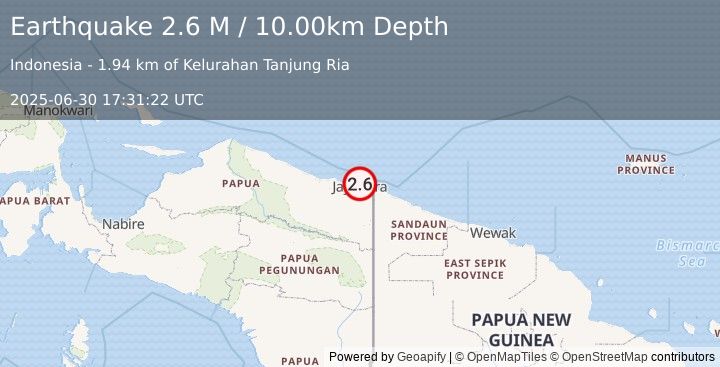 Earthquake Near North Coast of West Papua (2.6 M) (2025-06-30 17:31:22 UTC)