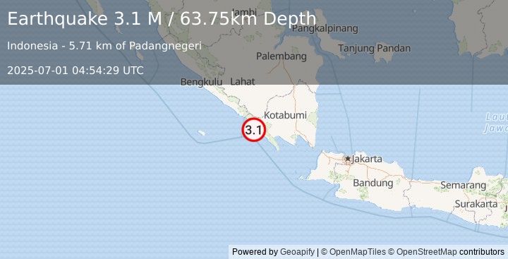 Earthquake Southern Sumatra, Indonesia (3.1 M) (2025-07-01 04:54:29 UTC)