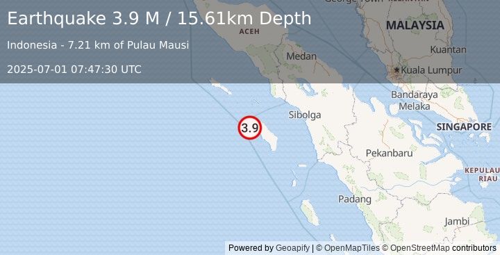 Earthquake Northern Sumatra, Indonesia (3.9 M) (2025-07-01 07:47:30 UTC)