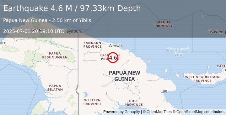 Earthquake New Guinea, Papua New Guinea (4.6 M) (2025-07-01 20:39:10 UTC)