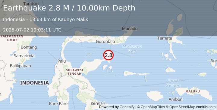 Earthquake Minahassa Peninsula, Sulawesi (2.8 M) (2025-07-02 19:03:11 UTC)