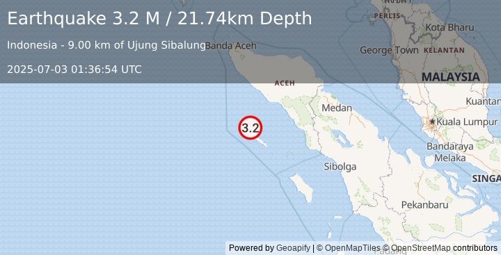 Earthquake Off West Coast of Northern Sumatra (3.2 M) (2025-07-03 01:36:55 UTC)