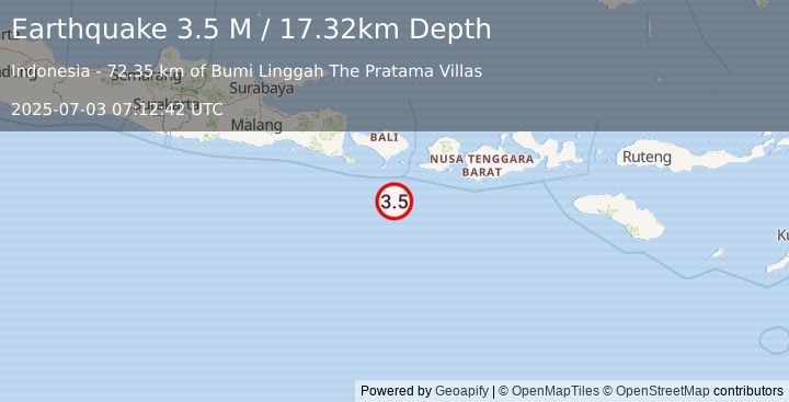 Earthquake South of Bali, Indonesia (3.5 M) (2025-07-03 07:12:42 UTC)