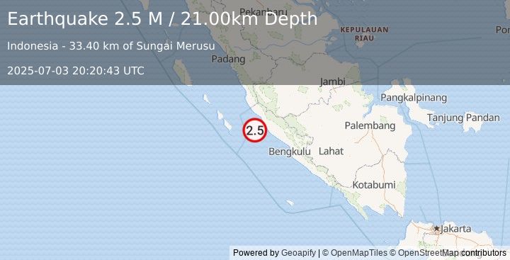 Earthquake Southern Sumatra, Indonesia (2.5 M) (2025-07-03 20:20:43 UTC)