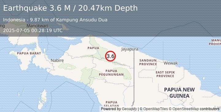 Earthquake West Papua, Indonesia (3.6 M) (2025-07-05 00:28:19 UTC)