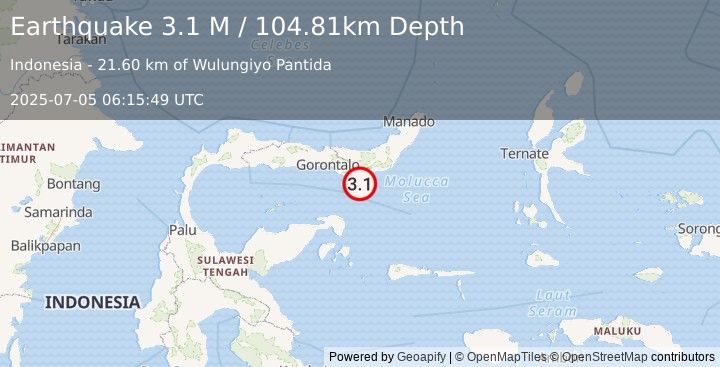 Earthquake Minahassa Peninsula, Sulawesi (3.1 M) (2025-07-05 06:15:49 UTC)
