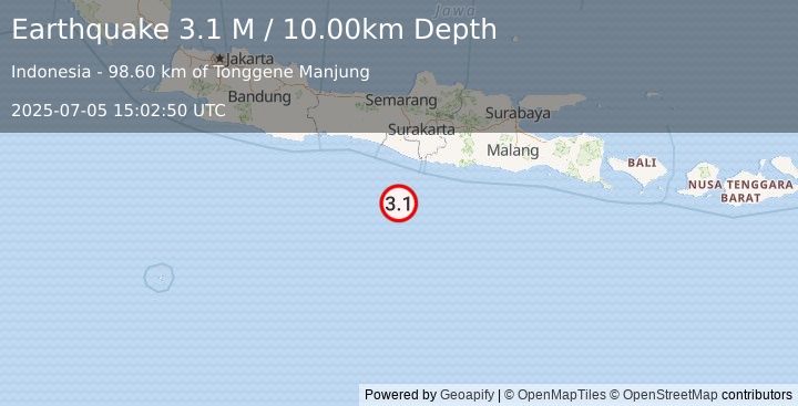 Earthquake South of Java, Indonesia (3.1 M) (2025-07-05 15:02:50 UTC)