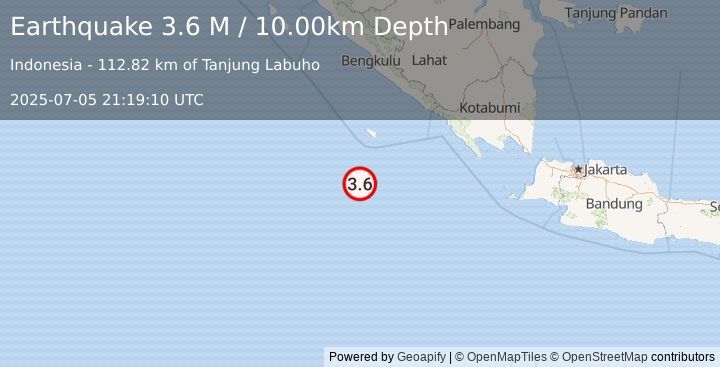 Earthquake Southwest of Sumatra, Indonesia (3.6 M) (2025-07-05 21:19:10 UTC)