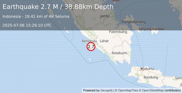 Earthquake Southern Sumatra, Indonesia (2.7 M) (2025-07-06 15:29:10 UTC)