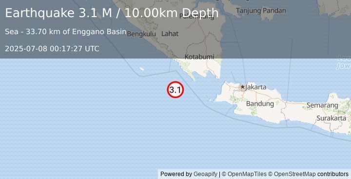 Earthquake Southwest of Sumatra, Indonesia (3.1 M) (2025-07-08 00:17:27 UTC)
