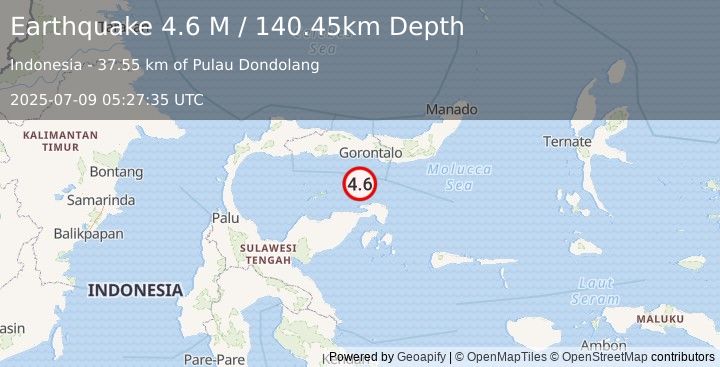 Earthquake Minahassa Peninsula, Sulawesi (4.8 M) (2025-07-09 05:27:34 UTC)