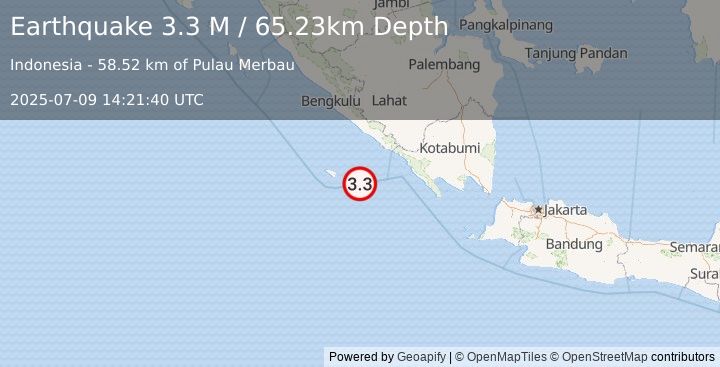 Earthquake Southern Sumatra, Indonesia (3.3 M) (2025-07-09 14:21:40 UTC)