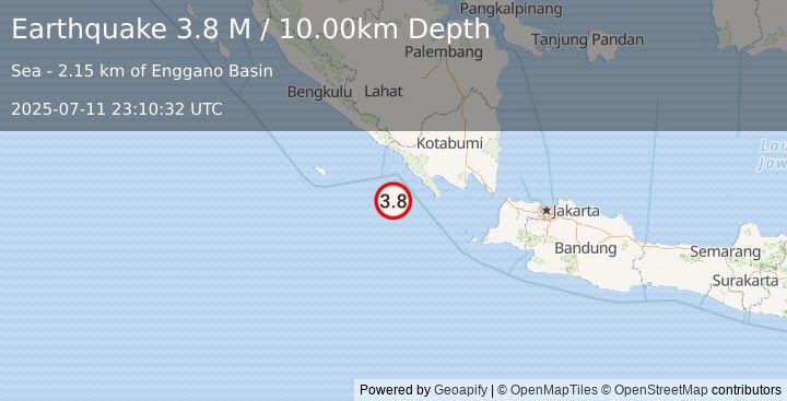 Earthquake Southern Sumatra, Indonesia (3.8 M) (2025-07-11 23:10:32 UTC)