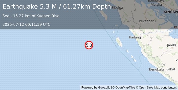 Earthquake Southwest of Sumatra, Indonesia (5.3 M) (2025-07-12 00:11:57 UTC)