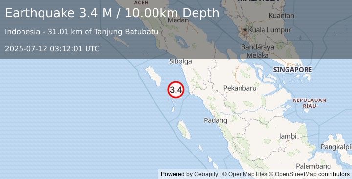 Earthquake Northern Sumatra, Indonesia (3.4 M) (2025-07-12 03:12:01 UTC)