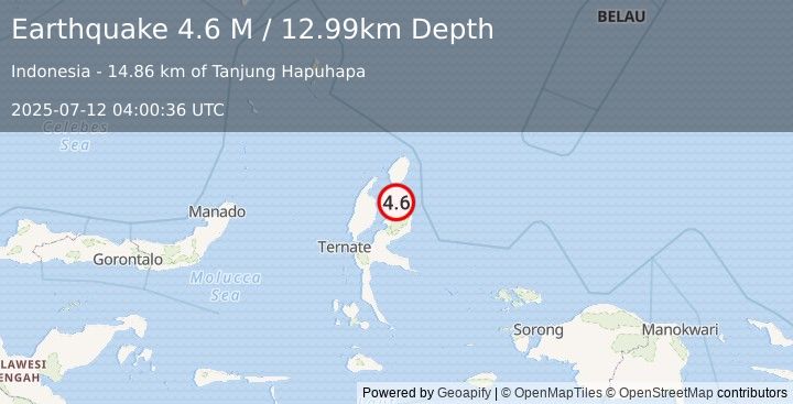 Earthquake Halmahera, Indonesia (4.6 M) (2025-07-12 04:00:36 UTC)