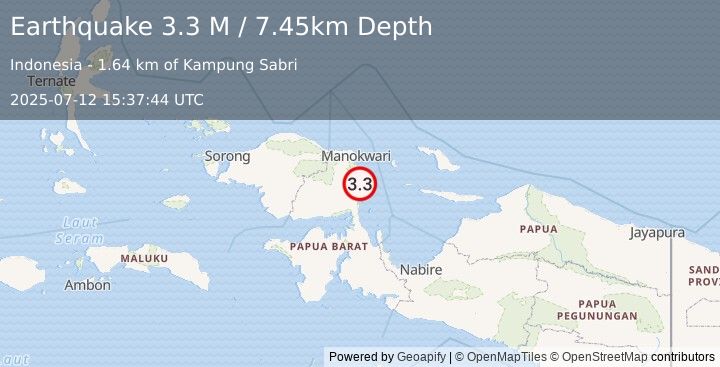 Earthquake West Papua Region, Indonesia (3.3 M) (2025-07-12 15:37:44 UTC)