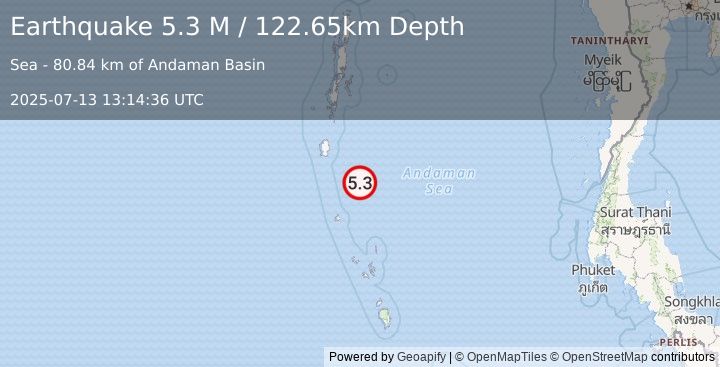Earthquake Nicobar Islands, India Region (5.3 M) (2025-07-13 13:14:36 UTC)