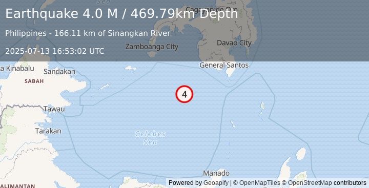 Earthquake Mindanao, Philippines (4.1 M) (2025-07-13 16:52:57 UTC)