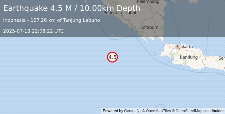 Earthquake Southwest of Sumatra, Indonesia (4.5 M) (2025-07-13 22:08:22 UTC)