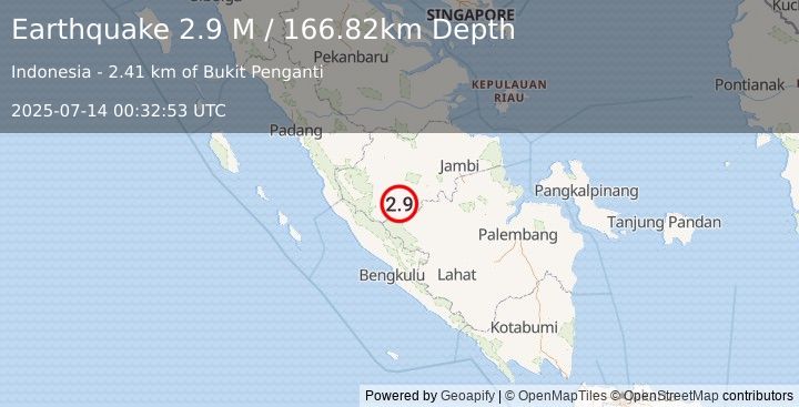 Earthquake Southern Sumatra, Indonesia (2.9 M) (2025-07-14 00:32:53 UTC)