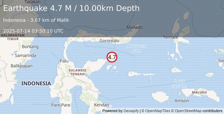 Earthquake Minahassa Peninsula, Sulawesi (4.7 M) (2025-07-14 03:50:10 UTC)