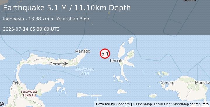 Earthquake Northern Molucca Sea (5.1 M) (2025-07-14 05:39:09 UTC)