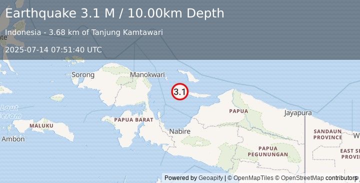 Earthquake West Papua Region, Indonesia (3.1 M) (2025-07-14 07:51:40 UTC)
