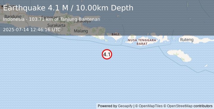 Earthquake South of Bali, Indonesia (4.1 M) (2025-07-14 12:46:16 UTC)