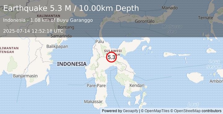 Earthquake Sulawesi, Indonesia (5.3 M) (2025-07-14 12:52:18 UTC)