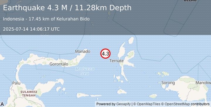 Earthquake Northern Molucca Sea (4.3 M) (2025-07-14 14:06:17 UTC)