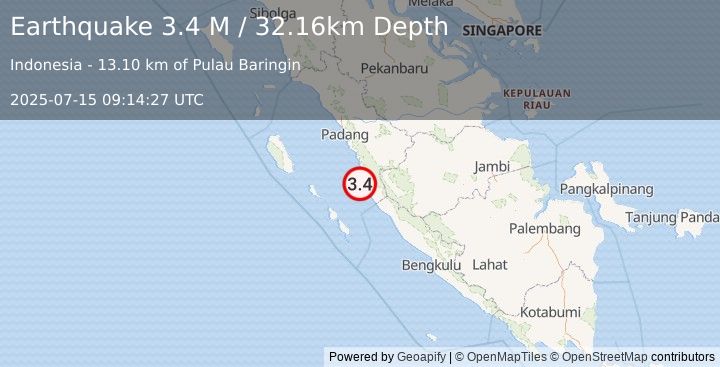 Earthquake Southern Sumatra, Indonesia (3.4 M) (2025-07-15 09:14:27 UTC)