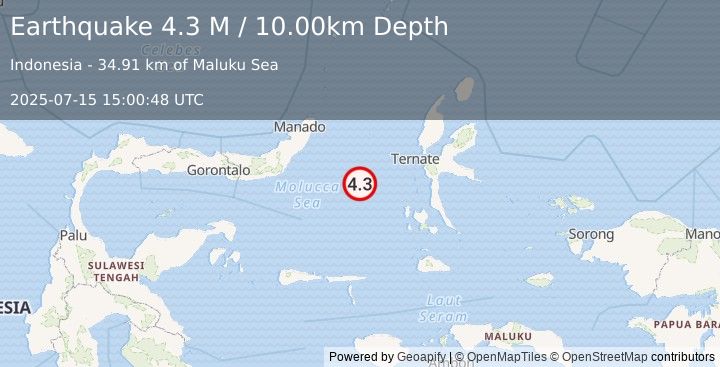 Earthquake Northern Molucca Sea (4.3 M) (2025-07-15 15:00:48 UTC)