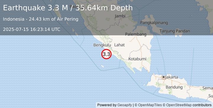 Earthquake Southern Sumatra, Indonesia (3.3 M) (2025-07-15 16:23:14 UTC)
