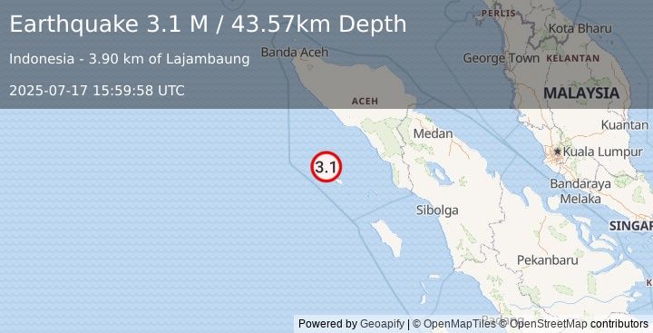 Earthquake Northern Sumatra, Indonesia (3.1 M) (2025-07-17 15:59:58 UTC)
