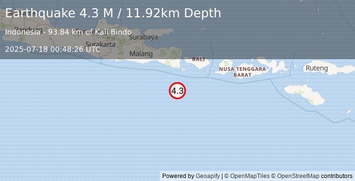 Earthquake South of Bali, Indonesia (4.3 M) (2025-07-18 00:48:26 UTC)