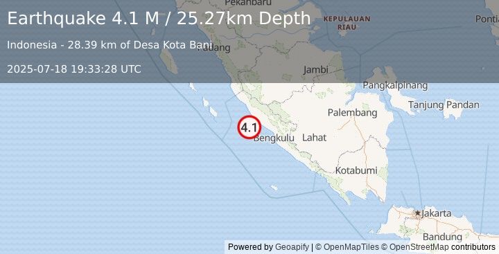 Earthquake Southern Sumatra, Indonesia (4.1 M) (2025-07-18 19:33:28 UTC)