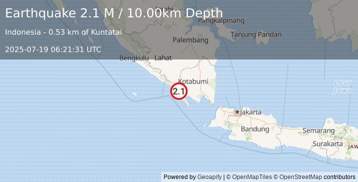 Earthquake Southern Sumatra, Indonesia (2.1 M) (2025-07-19 06:21:31 UTC)