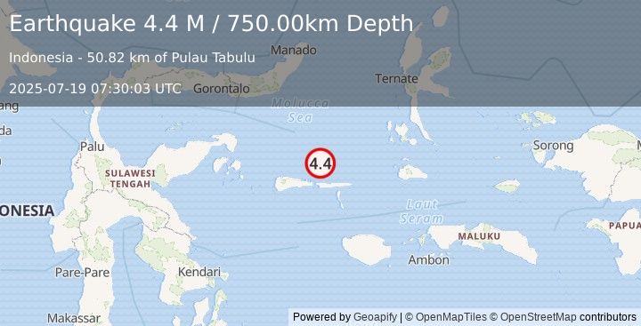 Earthquake Southern Molucca Sea (4.4 M) (2025-07-19 07:30:03 UTC)