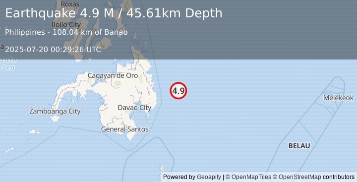 Earthquake Philippine Islands Region (4.9 M) (2025-07-20 00:29:26 UTC)