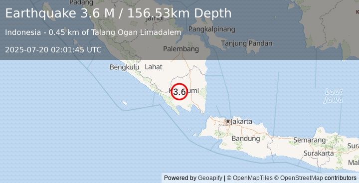 Earthquake Southern Sumatra, Indonesia (3.6 M) (2025-07-20 02:01:45 UTC)