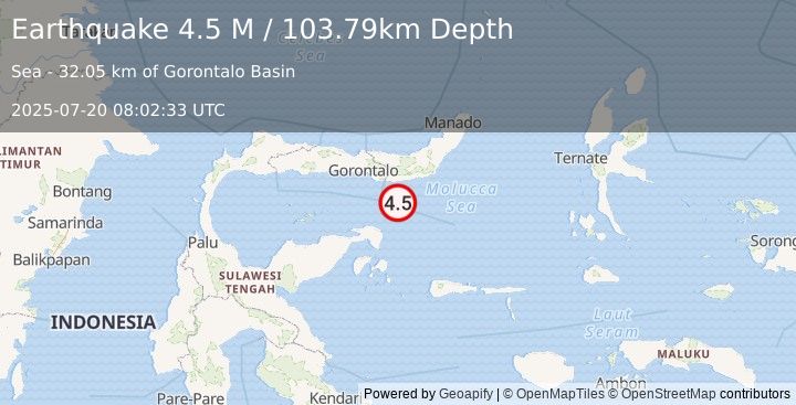 Earthquake Minahassa Peninsula, Sulawesi (4.5 M) (2025-07-20 08:02:33 UTC)