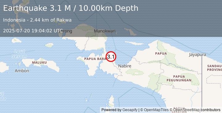 Earthquake West Papua Region, Indonesia (3.1 M) (2025-07-20 19:04:02 UTC)
