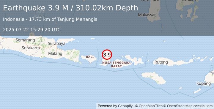 Earthquake Sumbawa Region, Indonesia (3.9 M) (2025-07-22 15:29:20 UTC)
