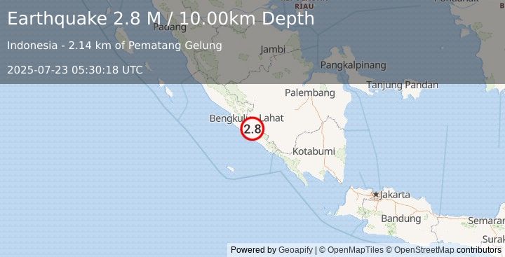 Earthquake Southern Sumatra, Indonesia (2.8 M) (2025-07-23 05:30:18 UTC)